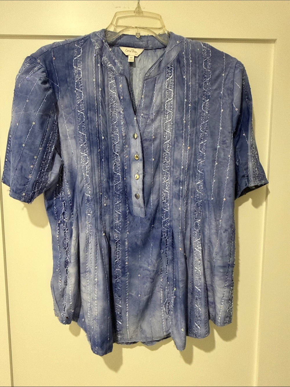 Vintage Coral Bay Blue Embellished Pintuck Tunic Size M